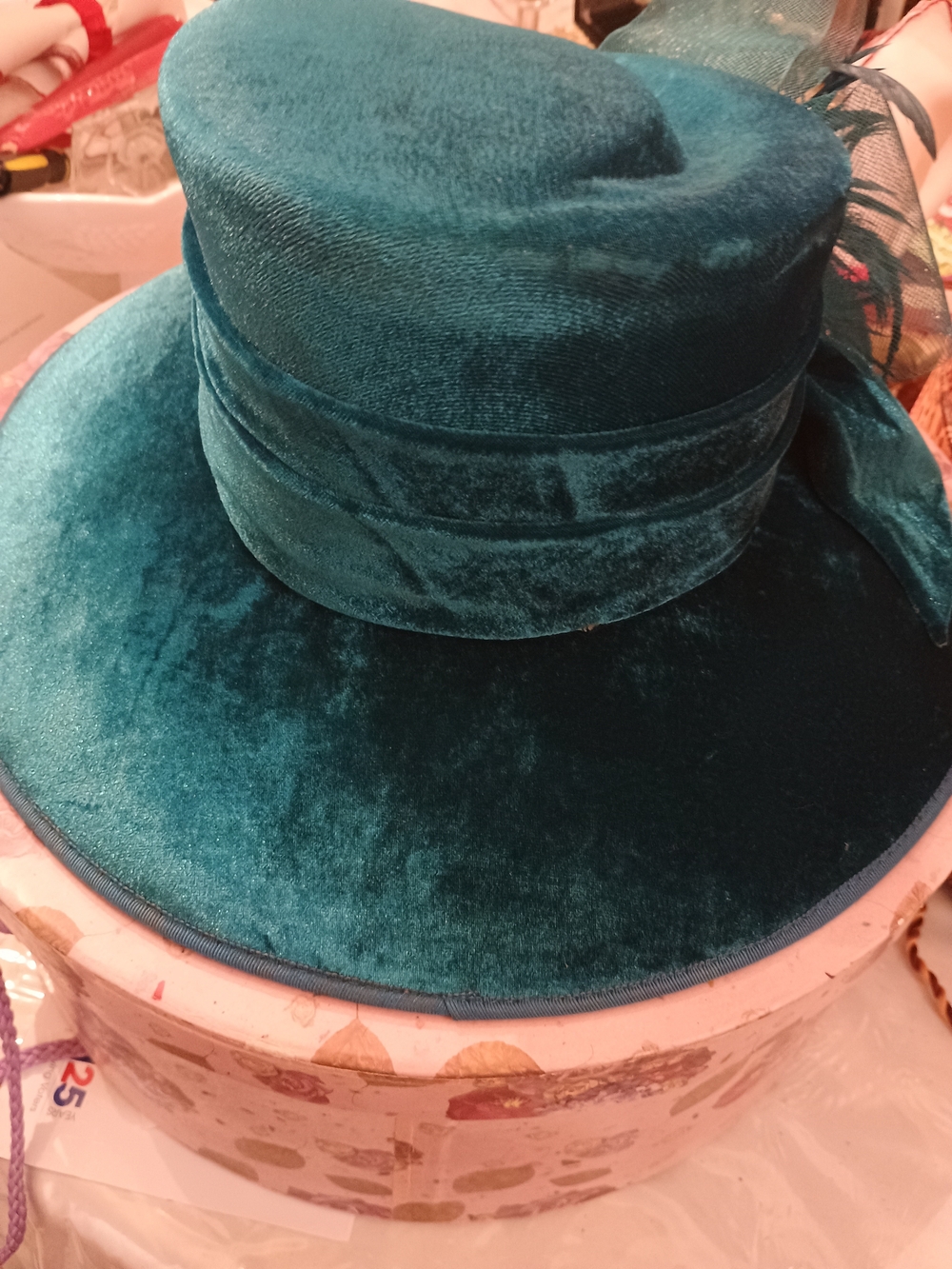 Plush Teal Velvet Wide-Brim Women's Hat